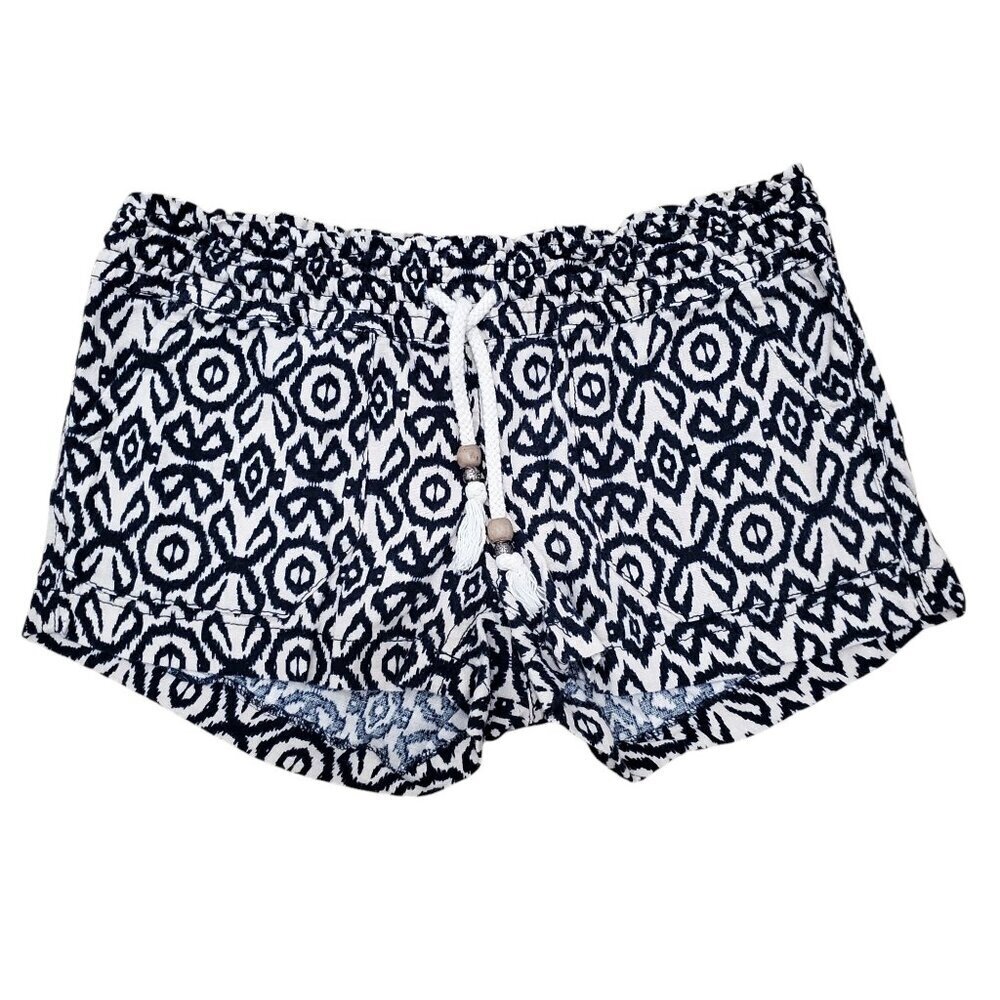 Kiss & Cry Women's Cream Navy Tribal‎ Print Pull On Linen Blend Soft Shorts Sz M